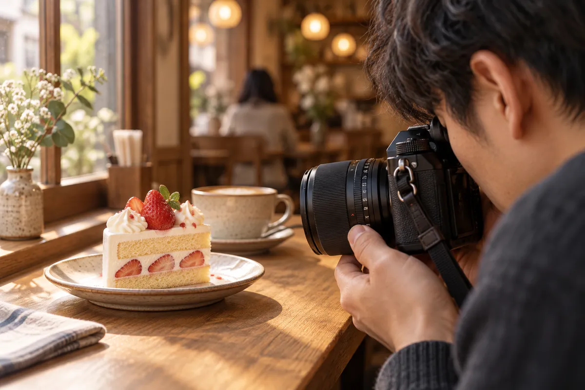 XF23mmF1.4を付けたカメラで卓上のケーキを近くから撮る場面