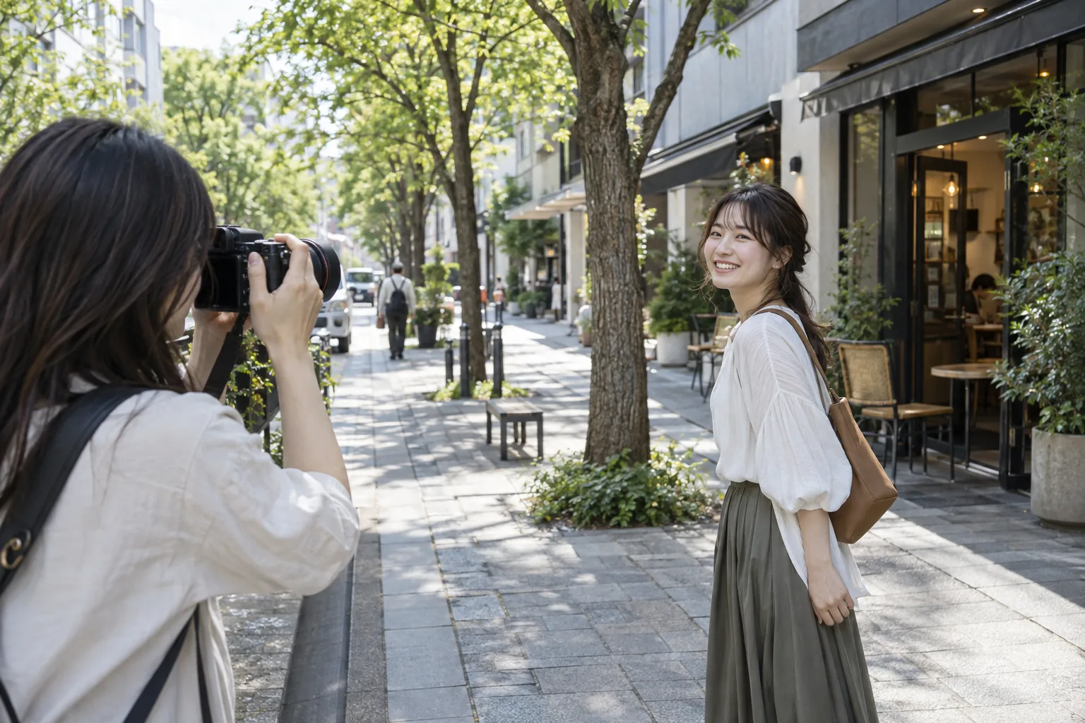 XF23mmF1.4を付けたカメラで街歩き中の友人を撮る場面