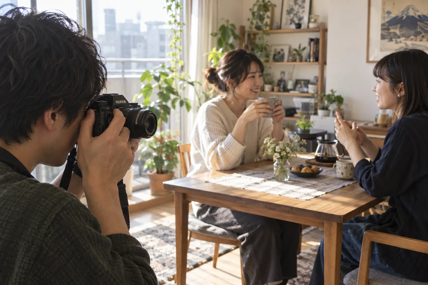 XF23mmF2を付けたカメラで室内の友人を撮る場面