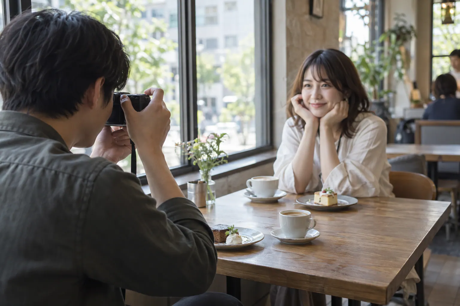 カフェで向かいの友人へ小型カメラを向ける場面