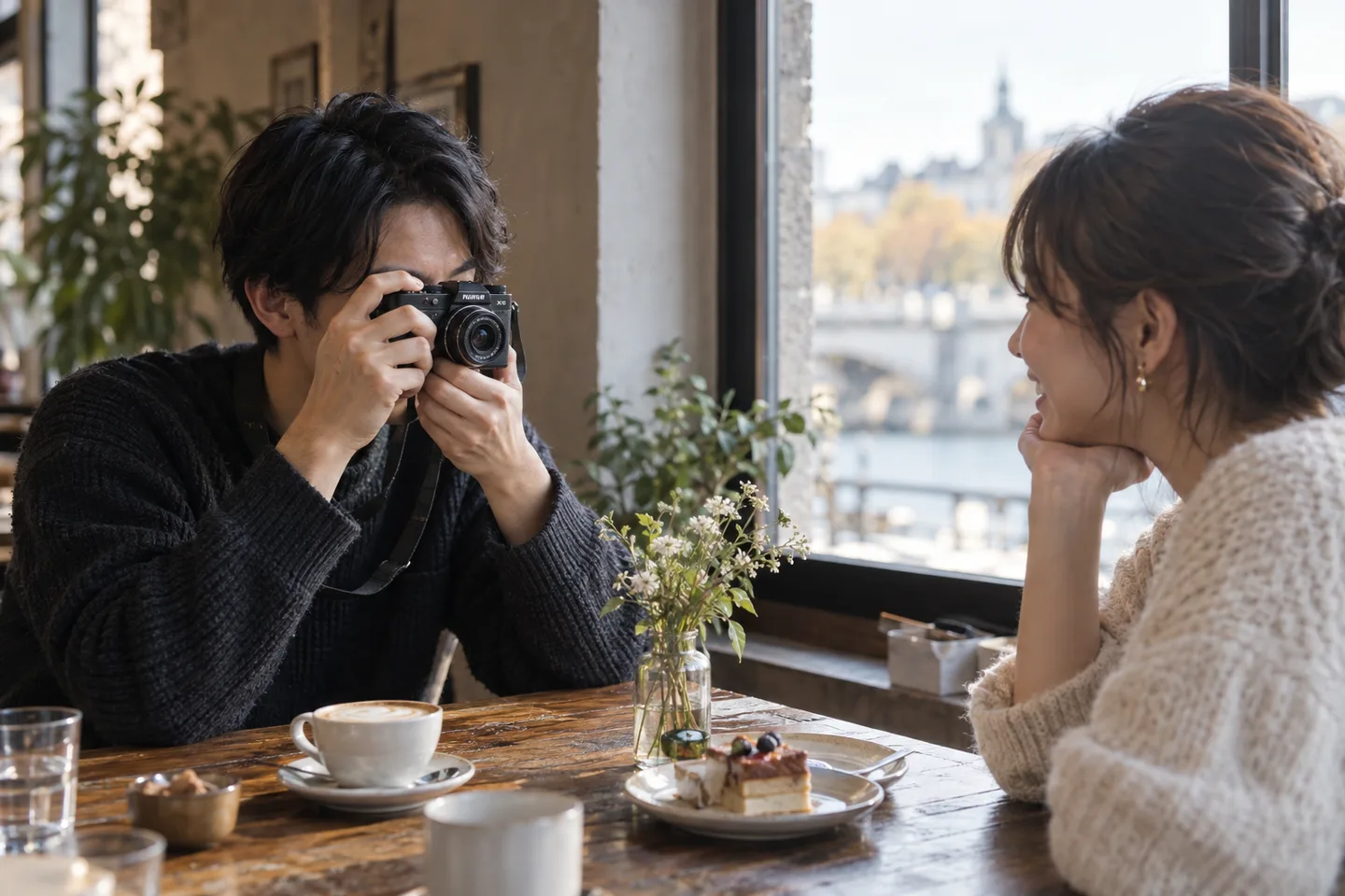 XF27mmF2.8を付けたカメラでカフェの友人を撮る場面