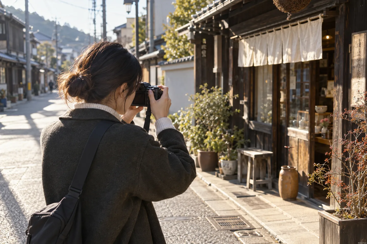 XF27mmF2.8を付けたカメラで街の店先を撮る場面