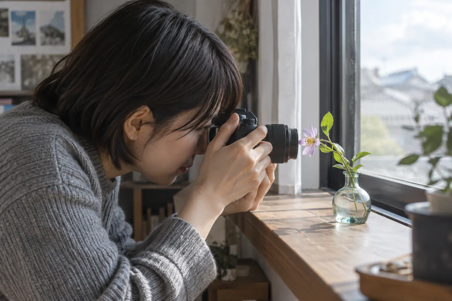 窓辺の小さな花へレンズを近づけて撮る人