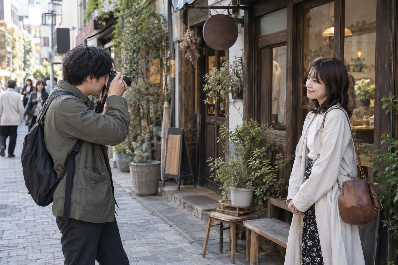 街のカフェの前で友人へカメラを向ける場面