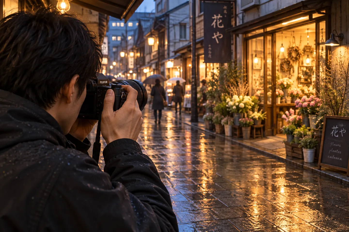 XF33mmF1.4を付けたカメラで小雨の夕方の花屋を撮る場面
