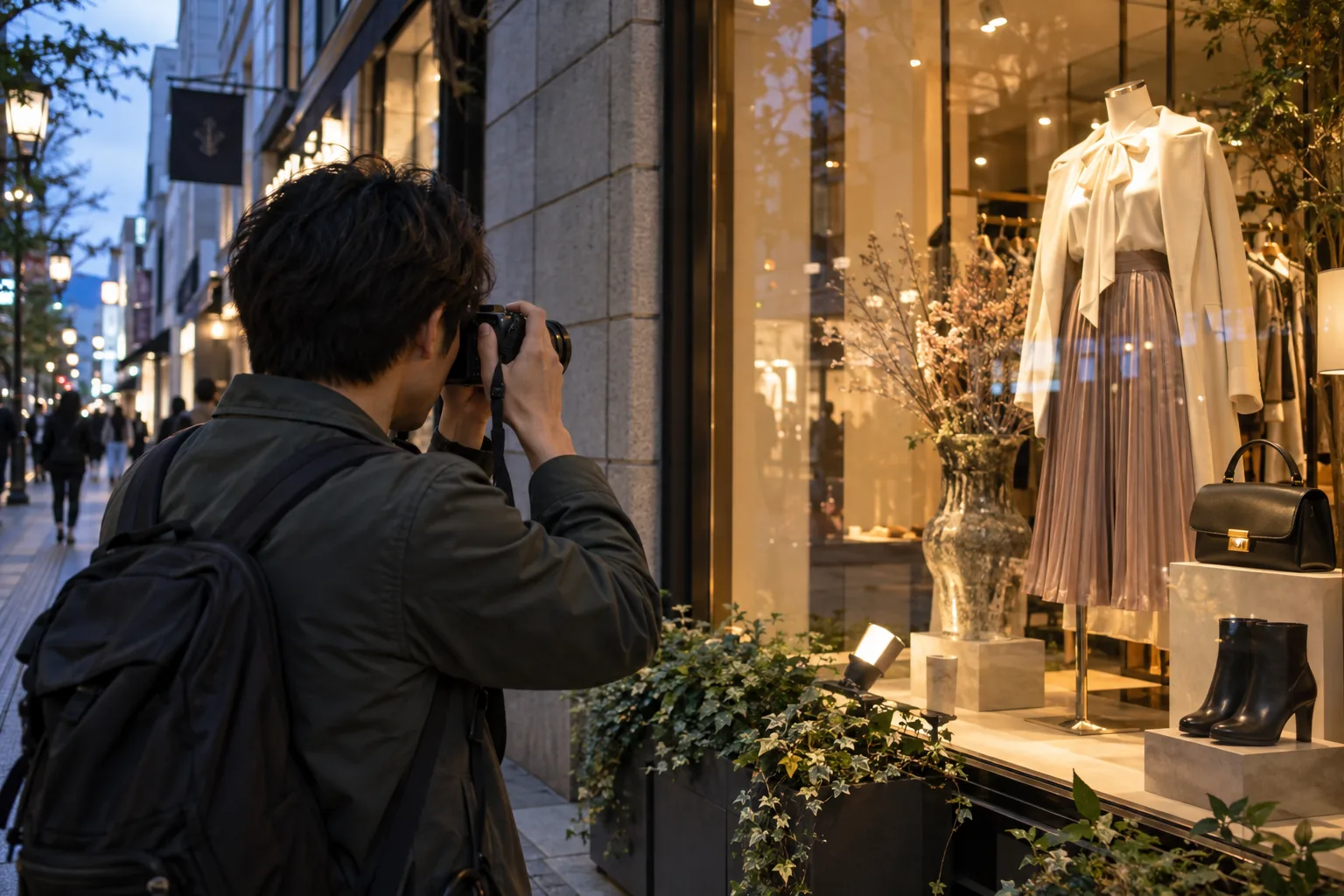 XF35mmF1.4 Rを付けたカメラで夕方の服屋のショーウインドーを撮る場面