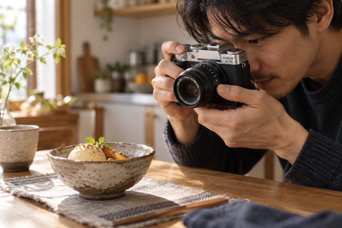XF35mmF2を付けたカメラで食卓の器を撮る場面