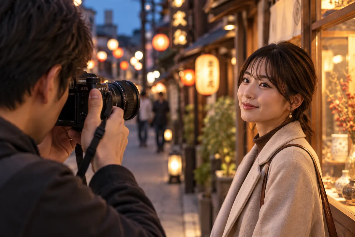 XF56mmF1.2を付けたカメラで夕方の商店街の友人を撮る場面