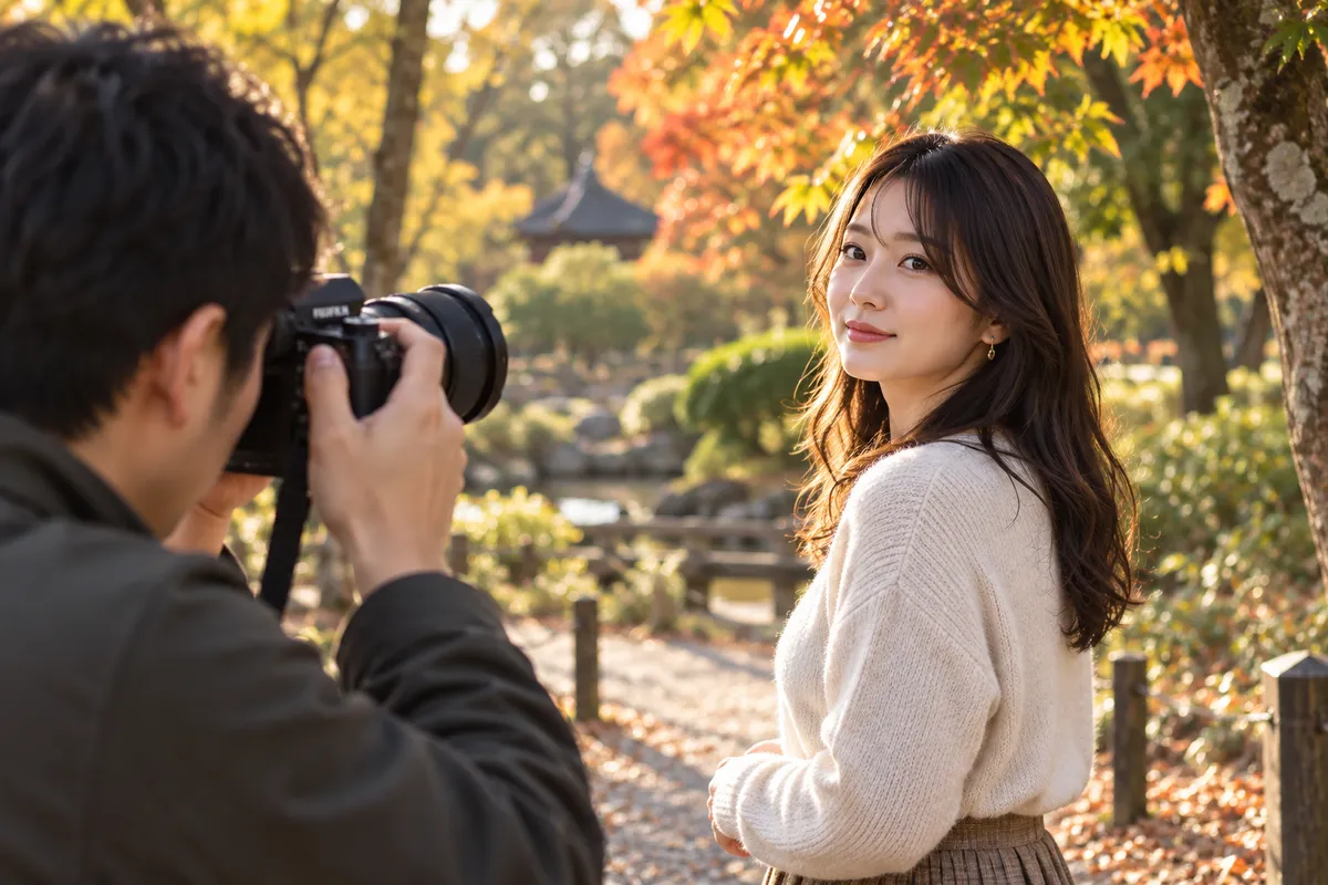 XF56mmF1.2を付けたカメラで秋の公園の友人を撮る場面