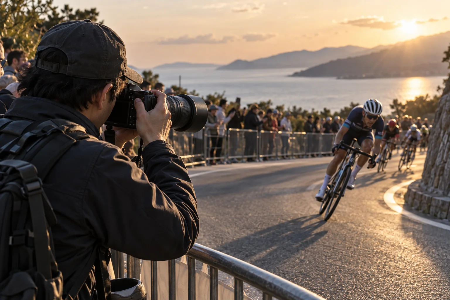 望遠レンズを走行中の自転車選手へ向けて撮る場面