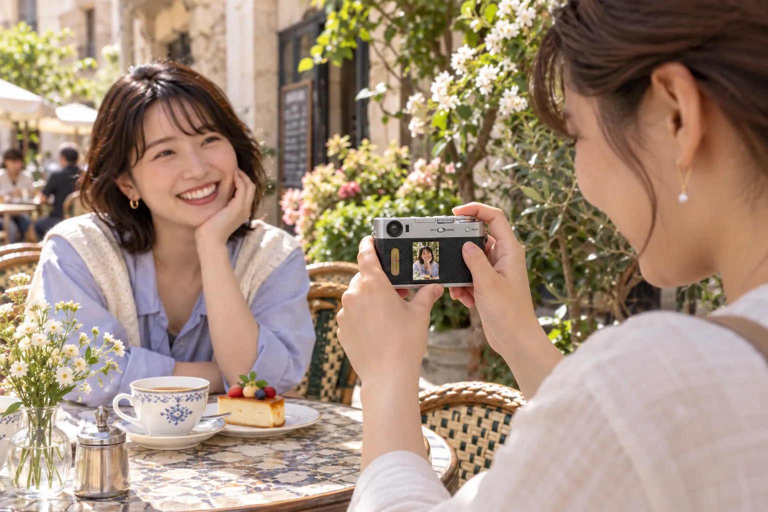 旅先のカフェでX halfを横に構え、友人の笑顔を撮る場面