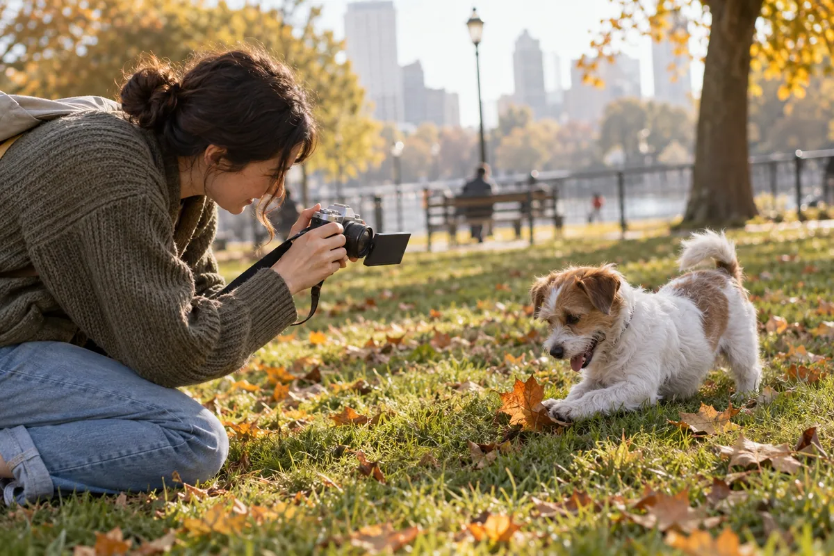 公園で犬の目線までかがみ、カメラを向ける場面
