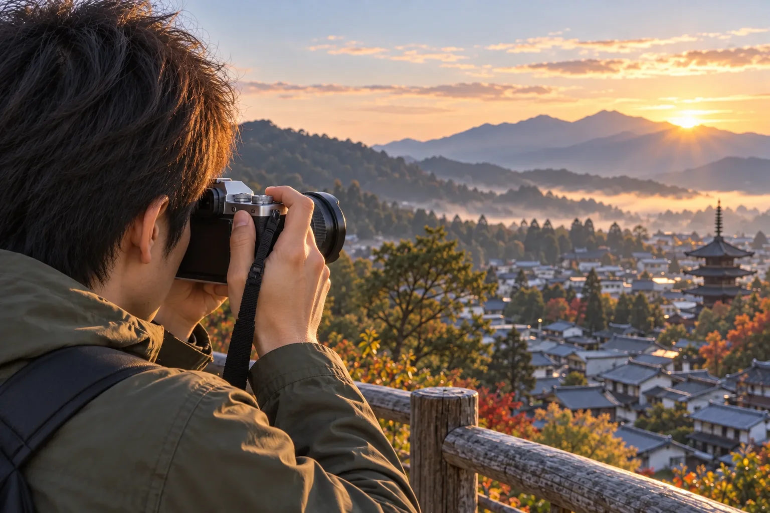 朝の山並みと街の景色へカメラを向ける場面