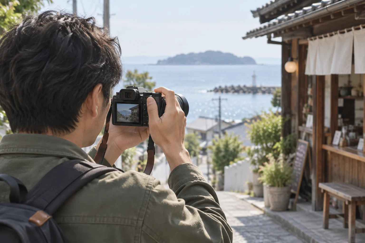 旅先の街でカメラを構える場面