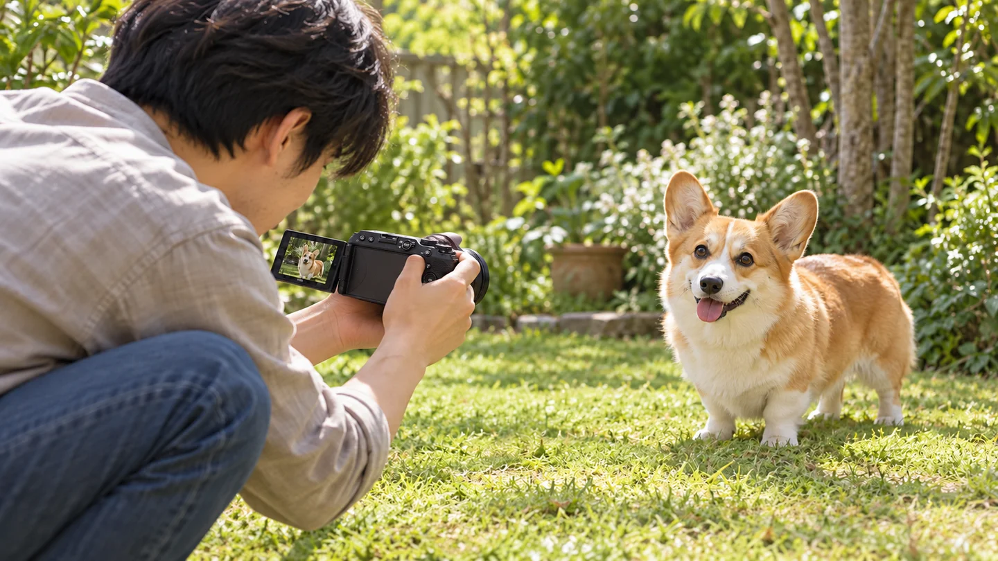 上向きに開いたZ30の液晶を見ながら、撮影者が庭の犬へ低くカメラを向ける場面