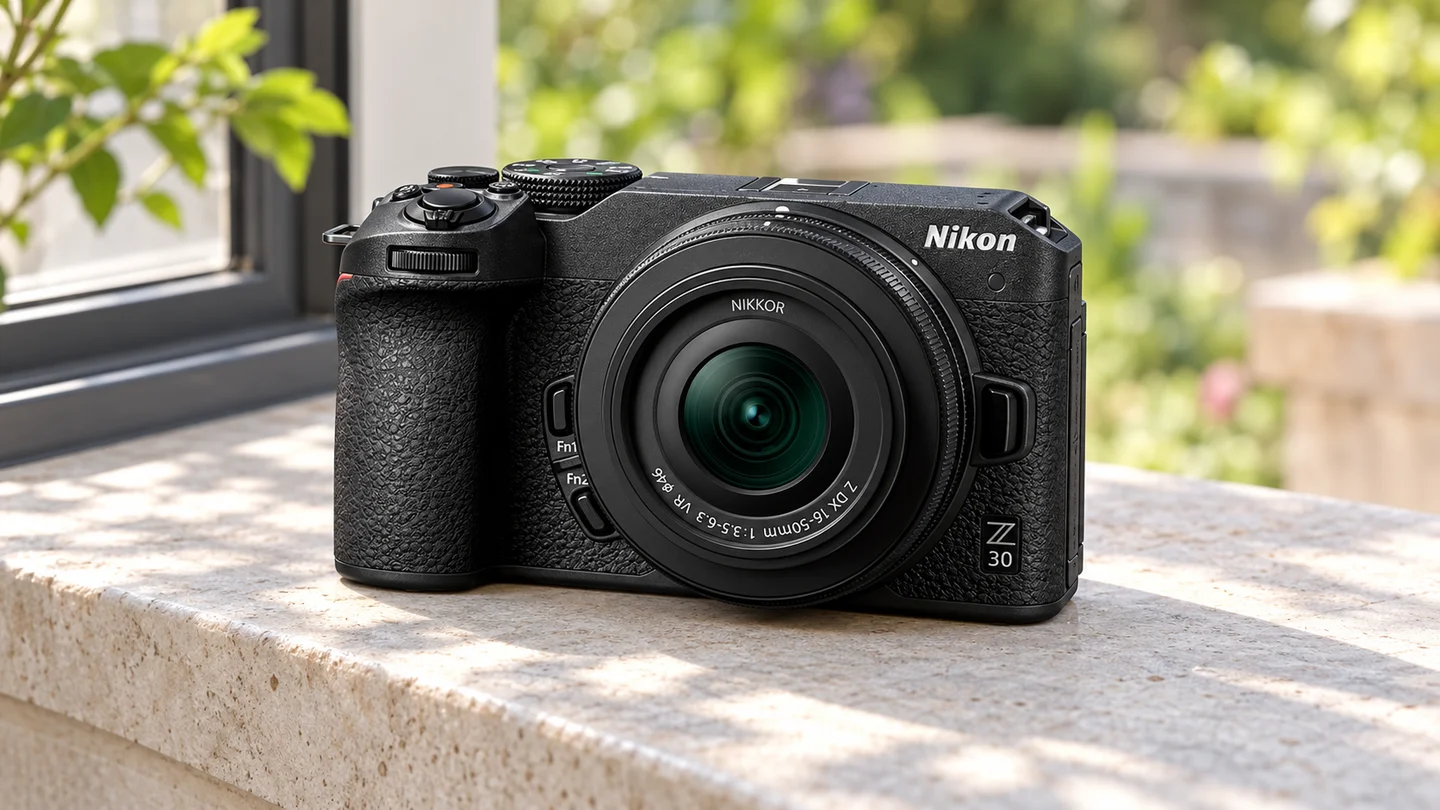 Nikon Z30とNIKKOR Z DX16–50mmの公式外観を参考に生成した窓辺の製品イメージ
