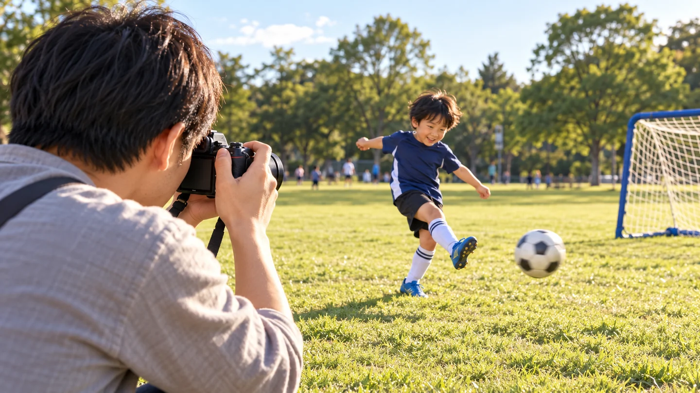 親がファインダーをのぞき、ボールを蹴る子どもへZ50IIを向ける場面