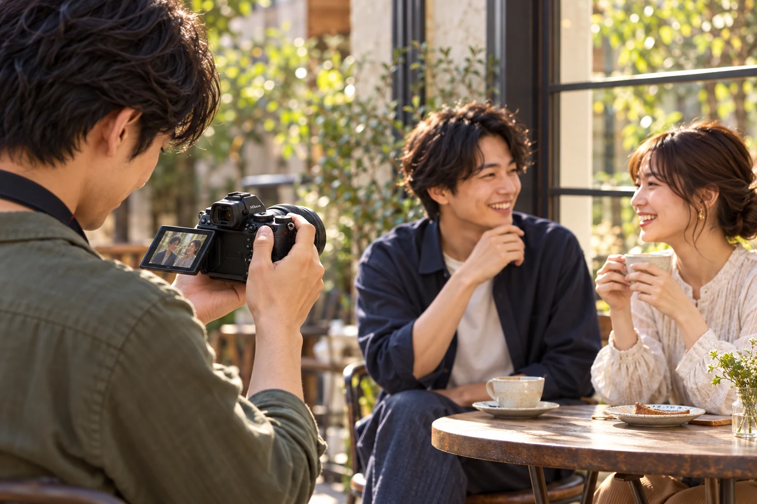 中庭カフェで撮影者がZ5IIの液晶を見ながら、窓の光に照らされた二人の同伴者へレンズを向ける場面
