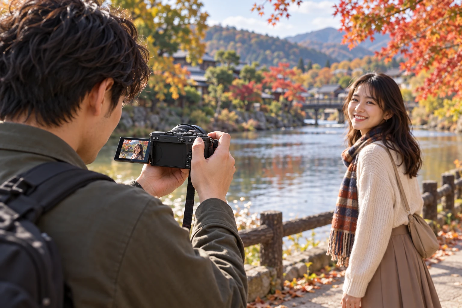 胸の高さでZ5IICと24–50mmを持つ撮影者が、液晶を見ながら川沿いの友人へレンズを向ける生成イメージ