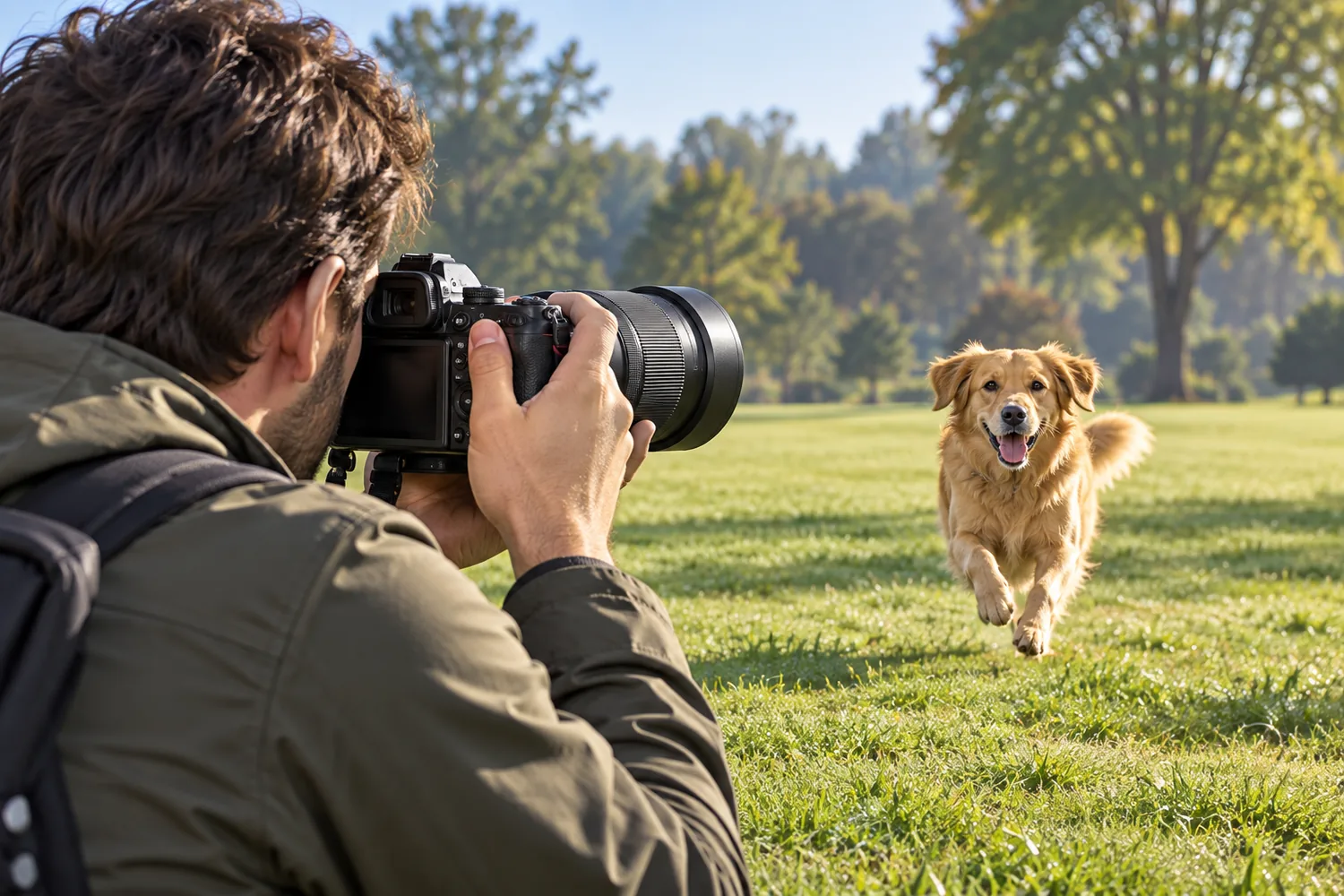 Nikon Z6IIIと70–180mmの望遠を構える撮影者が、芝生を走る犬へレンズを向ける場面