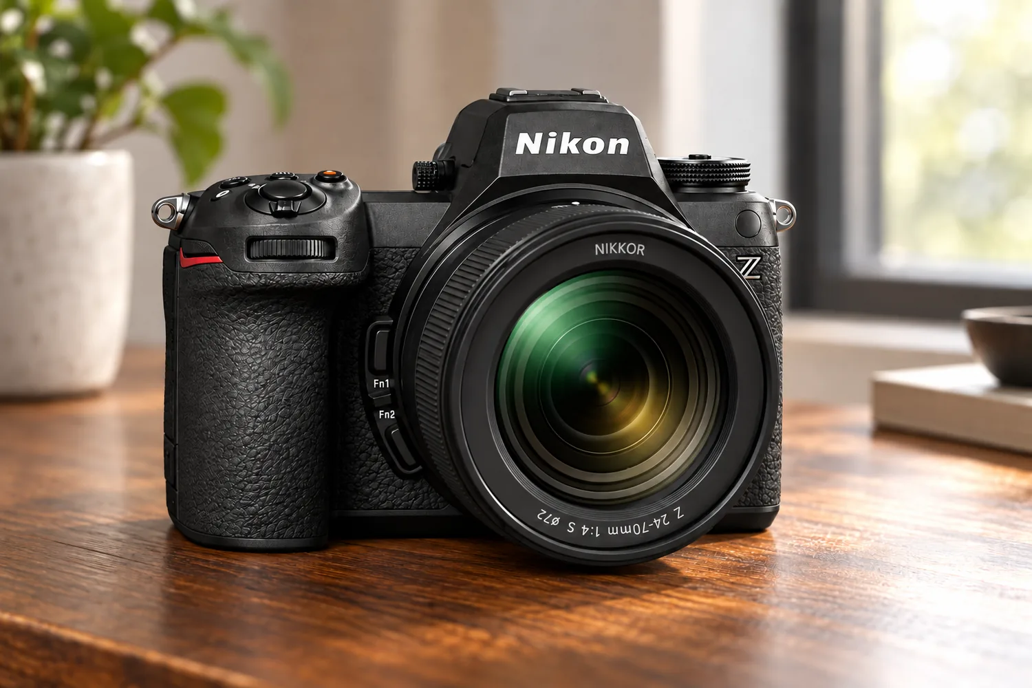 Z6IIIの公式正面外観を参照して生成した、NIKKOR Z24–70mm f/4 Sを装着した黒いカメラの製品画像