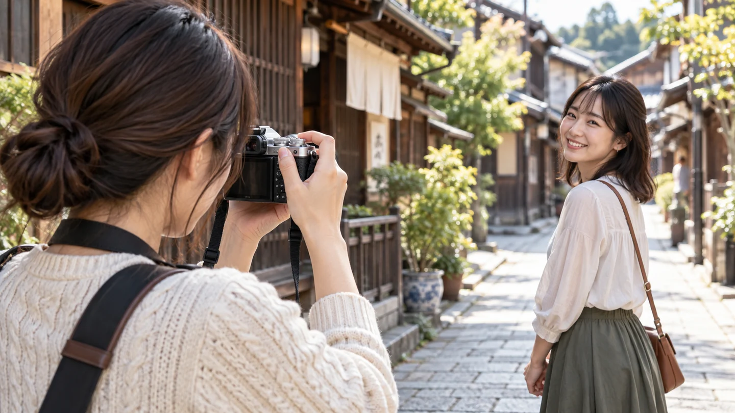 街並みの前にいる友人へZ fcを向け、ファインダーで構図を確かめながら撮る場面