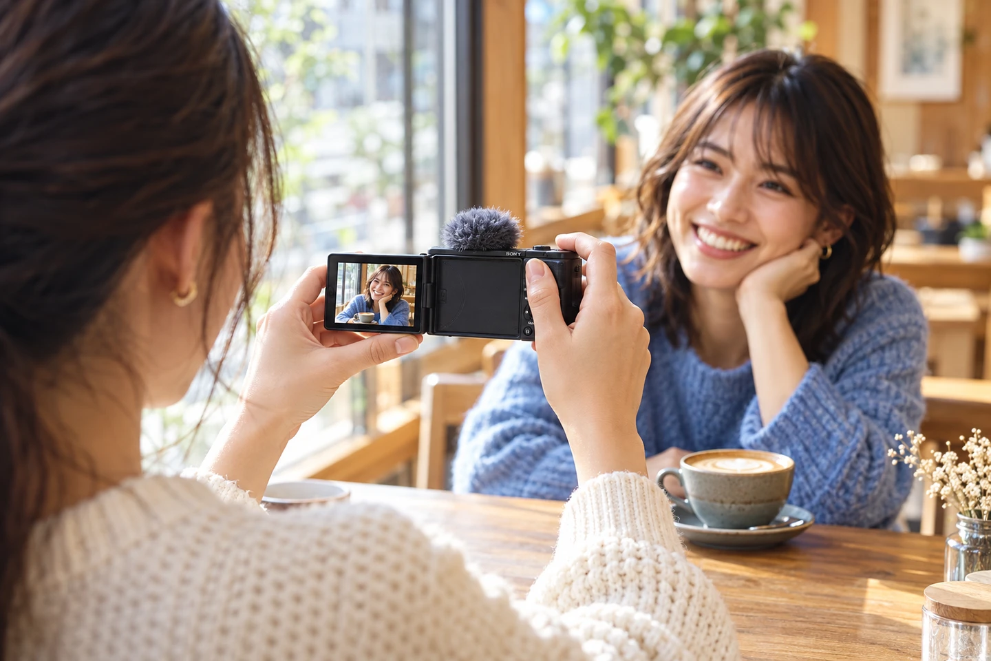 ZV-1 IIのバリアングル液晶を見て、窓辺のカフェでコーヒーを前に笑う友人を撮る女性